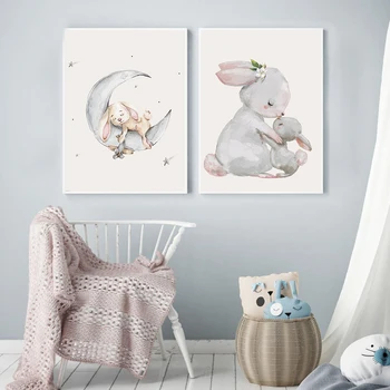 Iepurasul Poster Picturi De Animale Pepinieră Wall Art Print Iepure Panza Pictura Luna Nordic Perete Poze Fete Decorare Camera Copilului