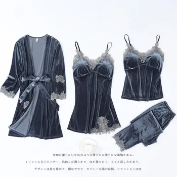 Noi Femeile Velur Haină de Nuntă Set Rochie Casual Cămașă de noapte Sexy Sleepwear dră de onoare Mireasa 4BUC Kimono-Halat de Baie SEXY Haine de Acasă