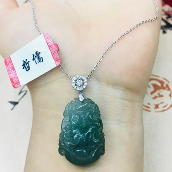 Naturale Birmanez de Smarald, jad sculptură ulei verde zodiac mouse-ul pandantiv cu argint 925 colier Doamna jade clavicula lanț