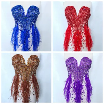 13 culoare făcute de mână coase pe corset cu Strasuri aplicatiile pe mesh trim cu pene 64*35cm pentru rochie fata si spate