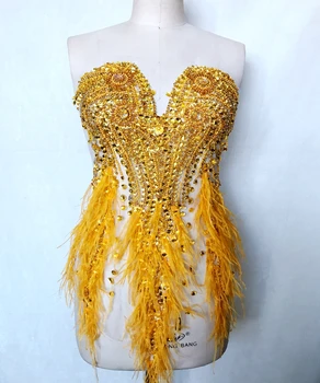 13 culoare făcute de mână coase pe corset cu Strasuri aplicatiile pe mesh trim cu pene 64*35cm pentru rochie fata si spate