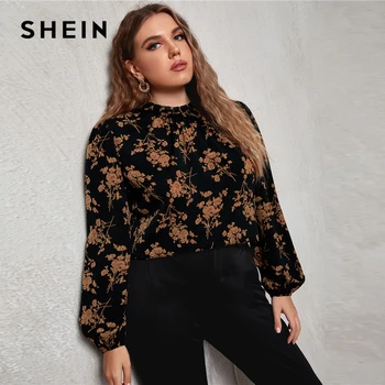 SHEIN Plus Cutată Gât Lantern Maneca Provideri Florale Top Bluza Femei de Primăvară Birou Doamnă Elegant Plus Topuri si Bluze