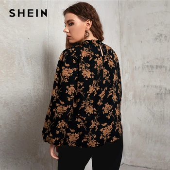 SHEIN Plus Cutată Gât Lantern Maneca Provideri Florale Top Bluza Femei de Primăvară Birou Doamnă Elegant Plus Topuri si Bluze