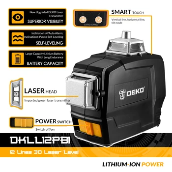 DEKO DKLL12PB1 12 Linii Laser 3D Nivel de Auto-Nivelare 360 de Grade pe Orizontală și Verticală, Cruce foarte Puternic GREEN Laser Beam