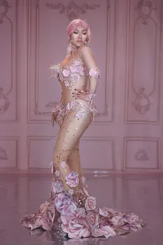 Moda Roz Florale Vedea Prin Rochie Lunga 3D Model Mesh Stretch Petrecere Trompeta Rochie de Femei Cantareata de Performanță Costum