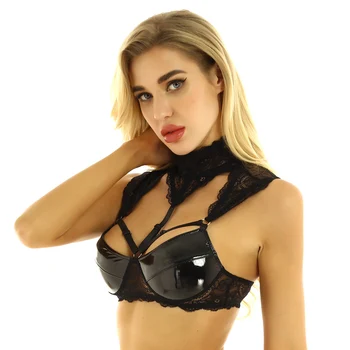 Femei Erotic Pur Dantelă Lenjerie Latex Topuri din Piele Cupe Gol pe Cablu-gratuit Necăptușit Sutien Topuri de Cultură pentru Petreceri de Noapte Clubwear