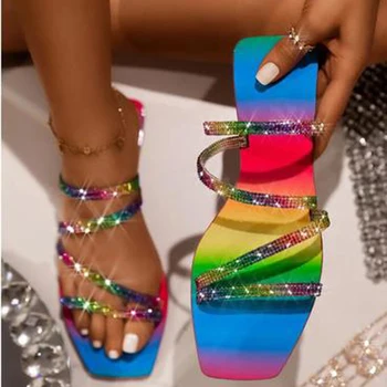 De Vară 2020 Femeie Noua Vara Plaja Pantofi Plat Papuci Sandale în aer liber, Strasuri Multicolore Plus Dimensiunea 41