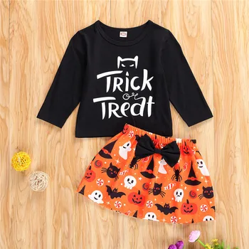2 buc la Modă fetițe Costum de Halloween de Toamna cu Maneca Lunga Scrisoare Top Negru Dovleac Cat Bat Imprimare Mimi Fusta Set