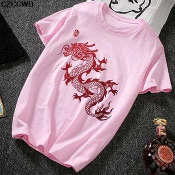 Moda Caracter Chinezesc Dragon Print Roz Tricou Femei Plus Dimensiune Casual Tricou T-Shirt Femme Streetwear Topuri Tricou De Vara