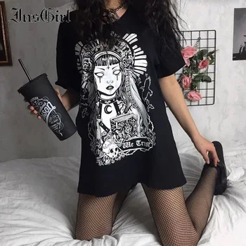 InsGirl Dark Goth T-shirt Femei Punk Vrăjitoare Imprimare Maneci Scurte Largi Grafic Teuri Y2K Stradă Uri de Moda Chic Sexy Tumblr Haine