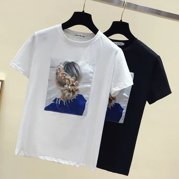 Moda de imprimare Tricouri femei Topuri de vara cu maneci Scurte cu Margele tricouri Topuri tricou 2020 casual Femei T-shirt, O-neck T-shirt