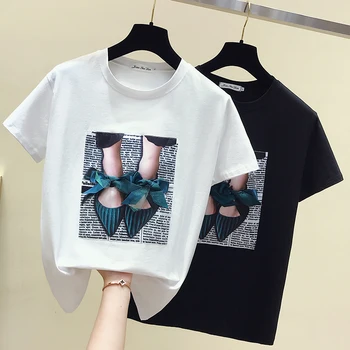 Moda de imprimare Tricouri femei Topuri de vara cu maneci Scurte cu Margele tricouri Topuri tricou 2020 casual Femei T-shirt, O-neck T-shirt