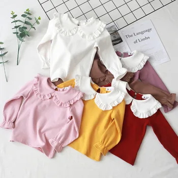 2021 Stil Nou pentru Copii Fete Sub Tricou Bumbac pentru Copii Kids camasa Fete Maneca Lunga Bluza Fete cu Peter Pan Guler de Sus Tees