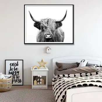 Camera De Zi Decor Simplu Nordic Decor La Modă Arta De Perete Alb Și Negru Highland Vaca Arta Panza De Imprimare Și Poster