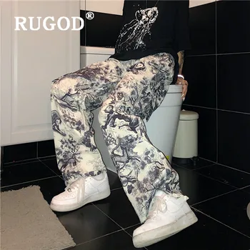 RUGOD 2019 Noi de Toamna pentru Femei Pictura de Cerneală Pantaloni Drepte Abstract Print Cool Street Purta Pantaloni Largi Picior de Buzunar Elegant Pantaloni