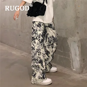 RUGOD 2019 Noi de Toamna pentru Femei Pictura de Cerneală Pantaloni Drepte Abstract Print Cool Street Purta Pantaloni Largi Picior de Buzunar Elegant Pantaloni