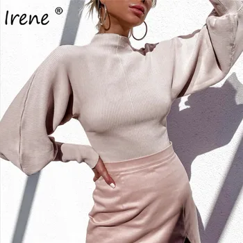 Irene Guler Rib Tricot Pulover Femei 2020 Moda Casual Alb Negru Solid Felinar Maneca Scurta De Toamna Iarna Pulovere