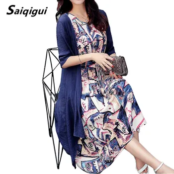 Saiqigui rochie de Vara femei rochie casual Liber de remorcare bucată de Bumbac Line rochie de Imprimare o-gât plus dimensiune vestidos de festa M-5XL