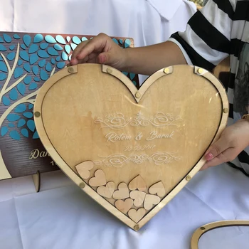 Inima personalizat de nunta Rustic gravate Alternative de Lemn de memorie cărțile de oaspeți cu inima cutie picătură semnătura inimile cărți de oaspeți