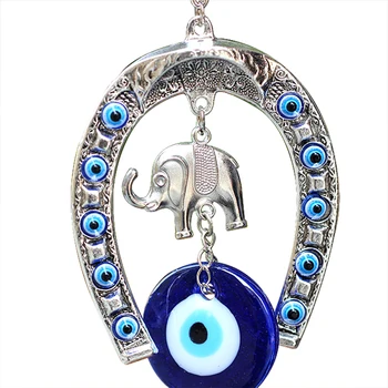 Albastru turcesc Albastru-Ochi Potcoavă cu Elefant și Panglică Agățat de Perete Amuleta Etnice Cadou Lucky Pandantive Masina Acasa Agățat Decoratiuni