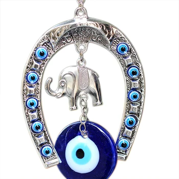 Albastru turcesc Albastru-Ochi Potcoavă cu Elefant și Panglică Agățat de Perete Amuleta Etnice Cadou Lucky Pandantive Masina Acasa Agățat Decoratiuni