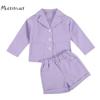Copilul Copil Haine Fete Fata Blazer Tinutele 2020 Violet Rever Blazer Coat + Short Pant 2 buc Costume Seturi de 2-6Y