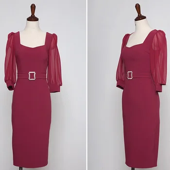 Burgundia Office Lady Dress 2020 Toamna Pătrat Guler Șifon Puf De Jumătate Maneca Talie Mare Strans Confortabile, Elegante, Rochie De Petrecere