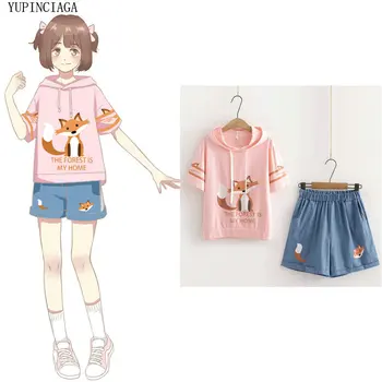 Femei Seturi Japoneze Mici Proaspete Dulce Drăguț desen Animat Vulpe Imprimare Mâneci Scurte + Elastic Talie Student pantaloni Scurți Set de Două Piese