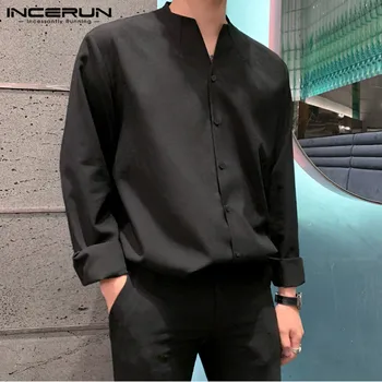 INCERUN 2021 Moda Barbati Tricou de Culoare Solidă Maneca Lunga V Gât Streetwear Butonul Casual Bluza Stil coreean Tricouri Chic Camisas