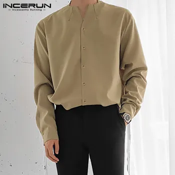 INCERUN 2021 Moda Barbati Tricou de Culoare Solidă Maneca Lunga V Gât Streetwear Butonul Casual Bluza Stil coreean Tricouri Chic Camisas