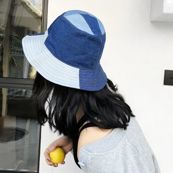 Albastru Găleată Pălării 2019 Moda Chic De Bloc De Culoare Denim Palarie De Soare Primavara-Vara Retro Plat Pescar Pălărie Două Capace