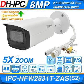 Dahua Original IPC-HFW2831T-ZAS-S2 8MP 4K 5X Zoom POE Slot pentru Card SD Alarma Audio I /O H. 265+ 60M IR IVS IP67 lumina Stelelor Camera IP