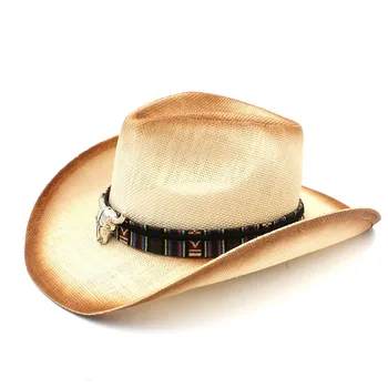 Femei Bărbați Paie Pălărie de Cowboy Cu Boemia Cap de Taur Trupa Pentru Doamna Tata Vest Sombrero Hombre Fermiera Jazz Capace de Dimensiuni 58CM