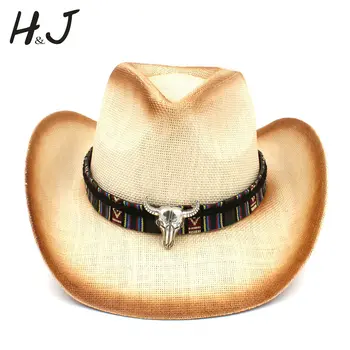 Femei Bărbați Paie Pălărie de Cowboy Cu Boemia Cap de Taur Trupa Pentru Doamna Tata Vest Sombrero Hombre Fermiera Jazz Capace de Dimensiuni 58CM