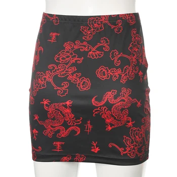 Rockmore Stil Chinezesc Mini-Fuste Femei De Epocă Talie Mare Drept Deasupra Genunchiului Fuste Dragon Imprimat Streetwear Fusta Club