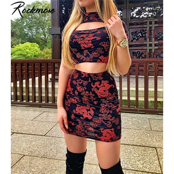Rockmore Stil Chinezesc Mini-Fuste Femei De Epocă Talie Mare Drept Deasupra Genunchiului Fuste Dragon Imprimat Streetwear Fusta Club