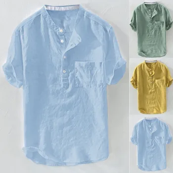 Oamenii Acasă Culoare Pură Butonul Lenjerie De Pat Solidă Maneca Scurta Retro Tricouri Bluze Bluza