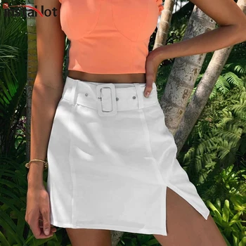 InstaHot Solide Partea de Fantă Bodycon Fusta Mini Femei Centura 2019 Vara Streetwear Casual, O linie de Bază Doamnelor Teaca Fuste 2020