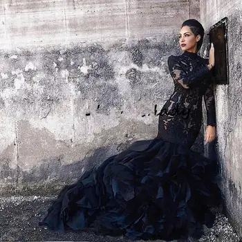 Gotic Vintage Rochie de Mireasa Negru 2020 Dantela vestidos de novia Gât Înalt Sirena, Rochii de Mireasa cu Maneci Lungi Rochii de Mireasa