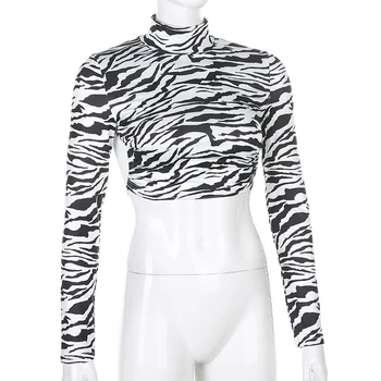 Dossni Femei Tricou Animal Print Zebra Backless High Neck T-Shirt De Toamnă Sexy Cu Maneci Lungi Moda Trunchiate Topuri Teuri Streetwear