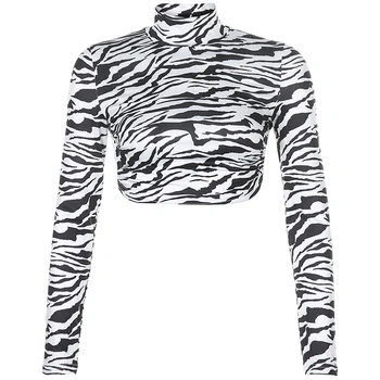 Dossni Femei Tricou Animal Print Zebra Backless High Neck T-Shirt De Toamnă Sexy Cu Maneci Lungi Moda Trunchiate Topuri Teuri Streetwear