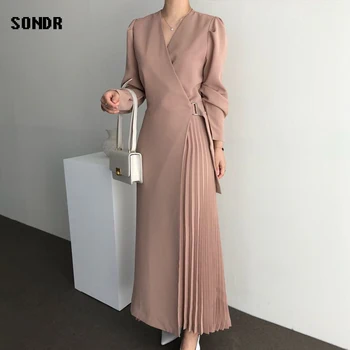 Femeie Rochie Dintr-O Bucata Coreeană Dress V-Gât Cu Mâneci Lungi Rochie Plisată 2020 Toamna Elegante, Office Lady Concis Rochie Rochii Lungi