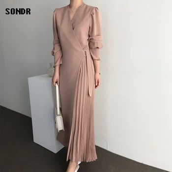 Femeie Rochie Dintr-O Bucata Coreeană Dress V-Gât Cu Mâneci Lungi Rochie Plisată 2020 Toamna Elegante, Office Lady Concis Rochie Rochii Lungi