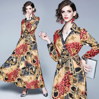 Femeile Pista de Epocă Rochie de Leopard de Imprimare 2019 Vara Cruce V Gatului Maneca Lunga Dantela-up Talie Centura Vintage Elegant Rochie Lunga
