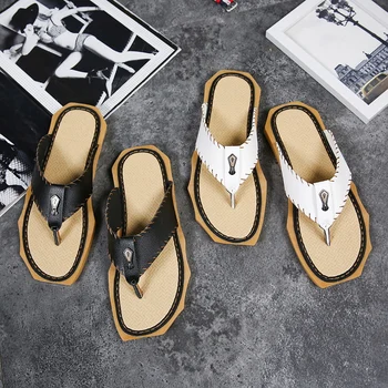 Barbati Din Piele Papuci De Vara Nou Stil Plat Impermeabil Anti-Alunecare Flip-Flops În Afara Plaja Casual Pantofi De Moda Alb-Negru De Vânzare