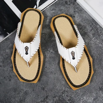 Barbati Din Piele Papuci De Vara Nou Stil Plat Impermeabil Anti-Alunecare Flip-Flops În Afara Plaja Casual Pantofi De Moda Alb-Negru De Vânzare