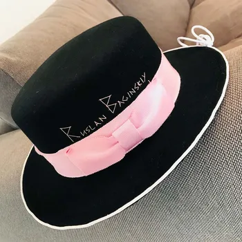 Auturn Femei De Iarnă Pălărie Alb Negru Lână Pură Margine Largă Simțit Fedora Pălărie De Moda Scrisoare Panglică Bowknot Plat Lady Biserica Derby Hat