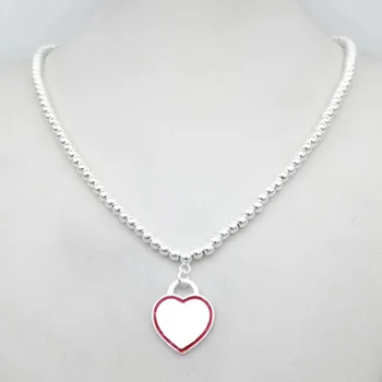 De înaltă calitate 1:1 original TIF Argint 925, colier clasic cu 4 mm șirag de mărgele rotunde elegante email inima pandantiv pentru doamna.