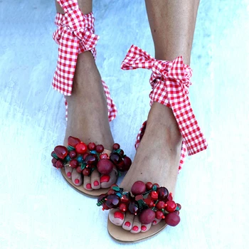 Pantofi de vara Pentru Femei Sandale din Dantela-Up Flat Sandal Non-alunecare Sălbatice Drăguț Margele Floare Sandale de Doamnelor Pantofi de Zapatos De Mujer