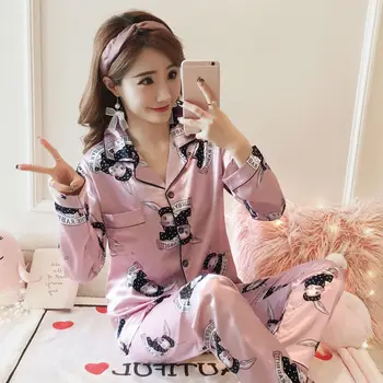 Femei din Satin Set de Pijama Drăguț Desene animate Pijama cu Maneca Lunga 2 Bucata Sleepwear Costum de Pijama Somn Body PlusSize 5XL 100KG